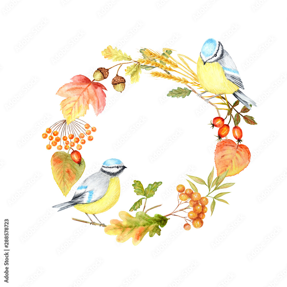 Autumn leaf, berries and Tomtit birds Frame isolated on a white background. Watercolor hand drawn Bird BlueTit sitting on the Branch. Greeting card, poster, banner concept with copy space for text.