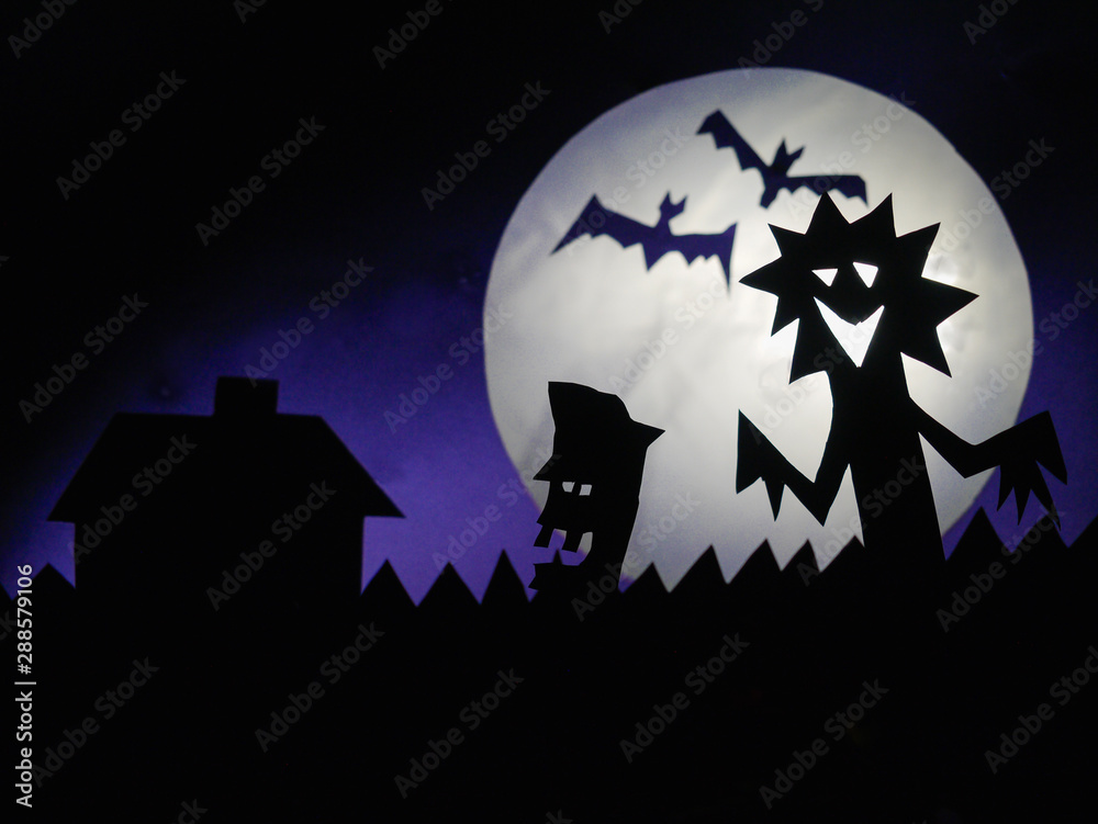Dark halloween background with scary creatures, funny monster, police officer ghost, bats.