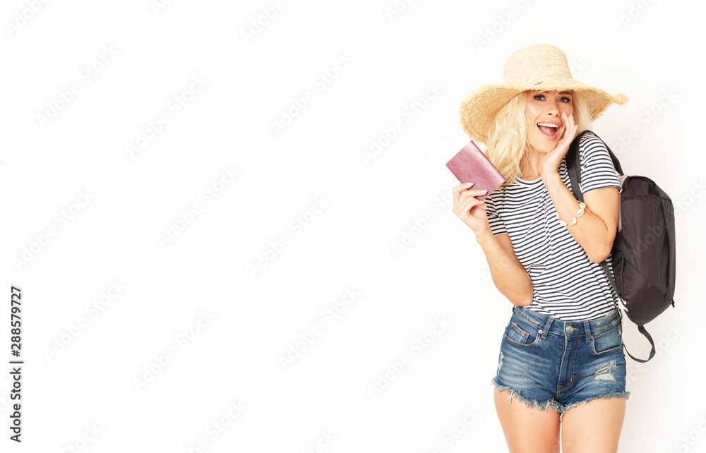 Girl with passport and back pack isolated on white background. Girl with passport and back pack isolated on white background.