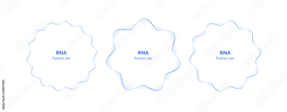 Vector flat science dna frame template set. Blue gradient atom rna circle helix around text block on white background. Concept of future science. Design element for web, presentation, banner, poster