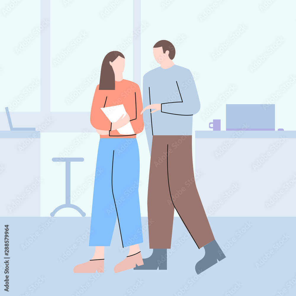 Two business people discussing work.Man and woman working at an office talking about files or project. Workers are having a business conversation while looking at the papers. Flat vector illustration.