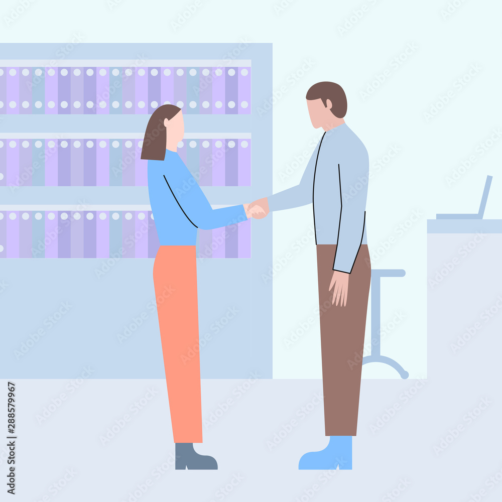 Two office workers shaking hands at the office. A business man and woman in a suit are shaking hands. Flat vector illustration Two office workers shaking hands at the office. A business man and woman in a suit are shaking hands. Flat vector illustration
