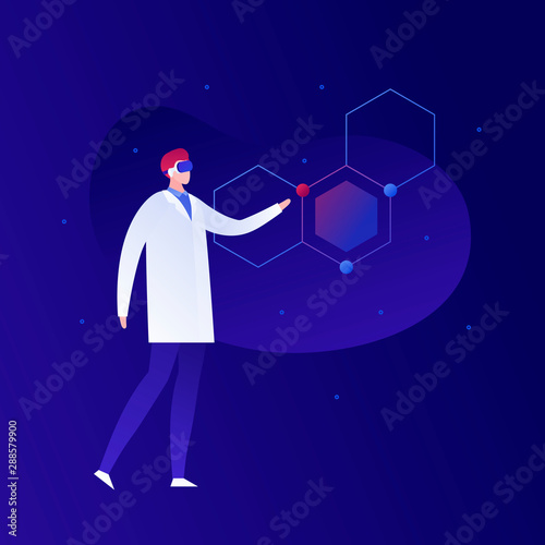 Vector science virtual reality person illustration. Male in coat and vr glasses with dna helix. Concept of innovation in research technology, chemistry, biology. Design element for poster, flyer, web