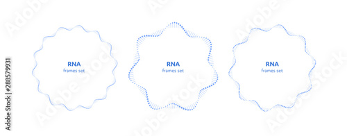 Vector flat science dna frame template set. Blue gradient atom rna circle helix around text block on white background. Concept of future science. Design element for web, presentation, banner, poster photo