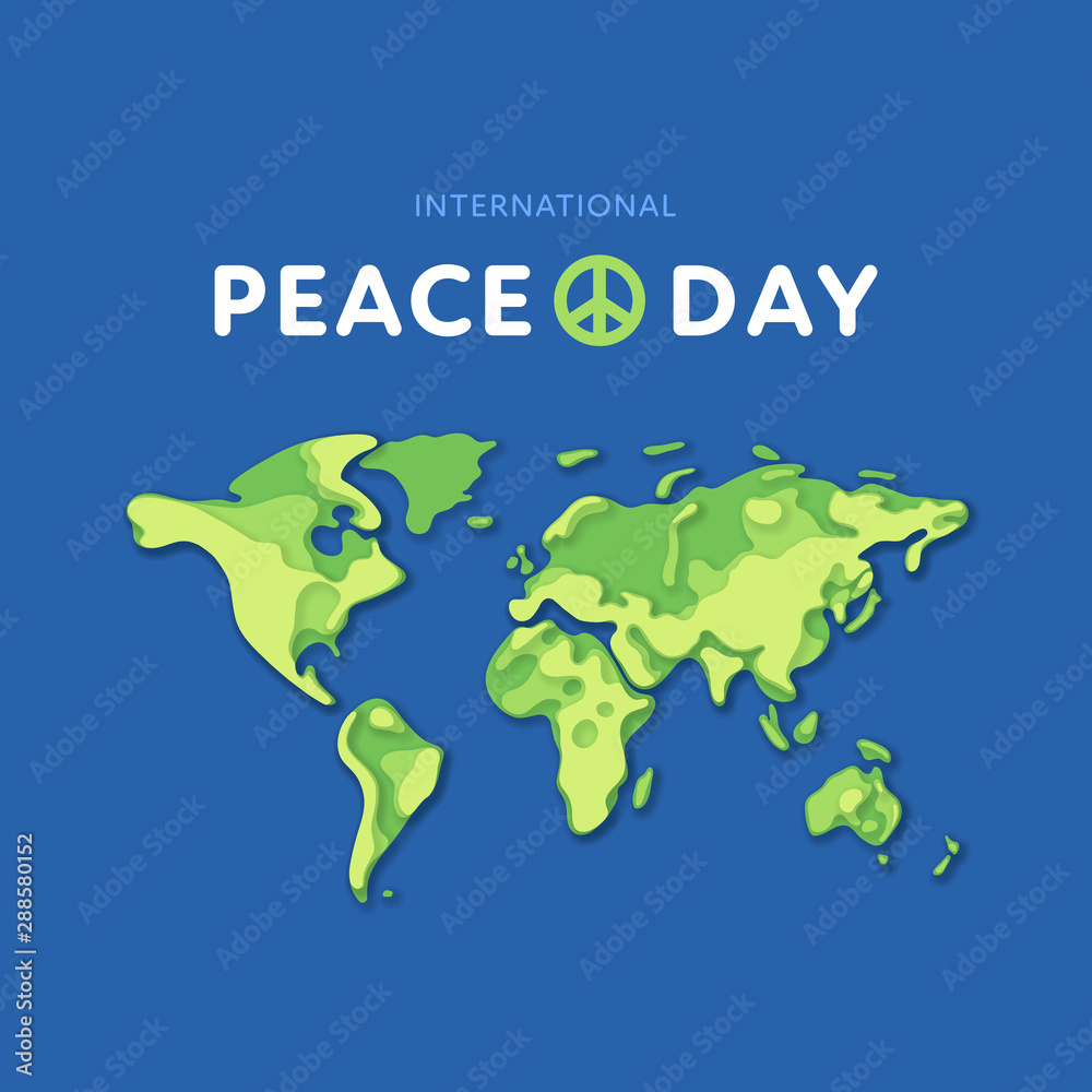 Vector flat international peace day banner template. Paper cut blue and green 3d earth planet map with shadow and white text. Design element for holiday greeting card, poster, web, flyer Vector flat international peace day banner template. Paper cut blue and green 3d earth planet map with shadow and white text. Design element for holiday greeting card, poster, web, flyer