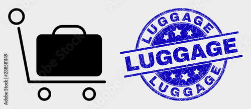 Vector baggage cart pictogram and Luggage seal stamp. Red rounded distress seal stamp with Luggage caption. Vector composition in flat style. Black isolated baggage cart icon.