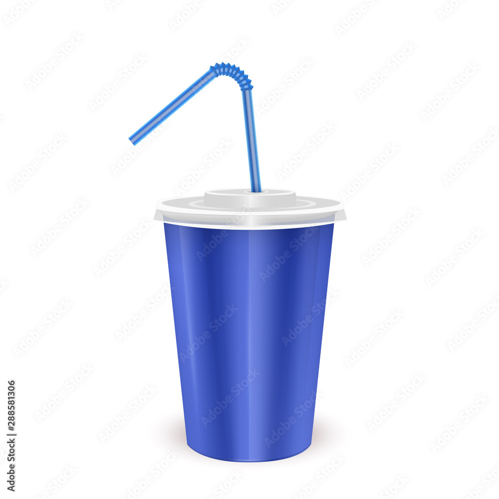 Blue paper disposable cup with lid and drinking straw for cold beverage -soda, ice tea or cocktail, Realistic packaging mockup template, Vector EPS 10 format