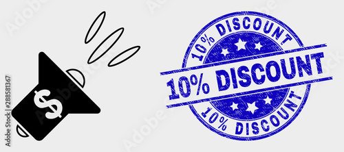 Vector banking advertising megaphone pictogram and 10% Discount watermark. Red rounded textured watermark with 10% Discount text. Vector combination in flat style.