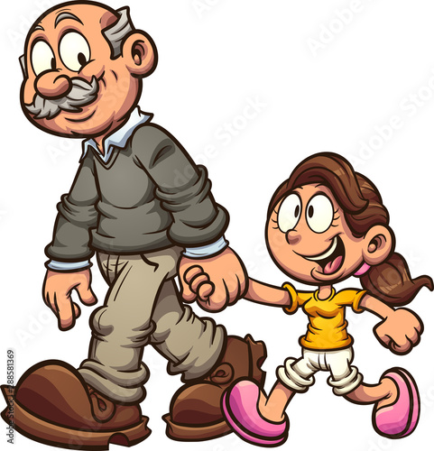 Grandfather walking hand by hand with granddaughter clip art. Vector illustration with simple gradients. All in a single layer. 