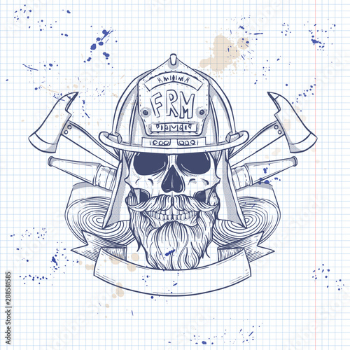 Sketch, fireman skull with helmet, beard and mustaches, firehose and axe. Poster, flyer design on a notebook page