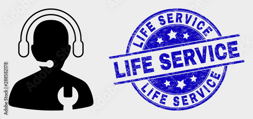 Vector call center serviceman pictogram and Life Service seal. Red round grunge seal with Life Service caption. Vector composition in flat style. Black isolated call center serviceman pictogram.