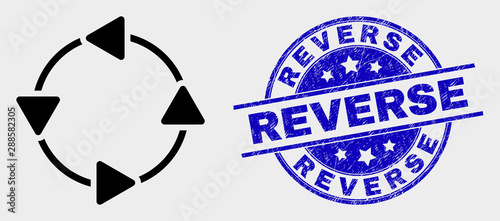 Vector CCW circulation arrows icon and Reverse seal stamp. Red round scratched seal stamp with Reverse text. Vector combination in flat style. Black isolated CCW circulation arrows pictogram.