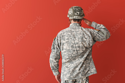 Saluting soldier on color background, back view