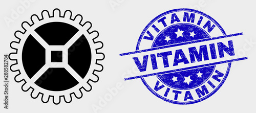 Vector clock gear icon and Vitamin seal stamp. Red round scratched seal stamp with Vitamin caption. Vector composition in flat style. Black isolated clock gear icon.
