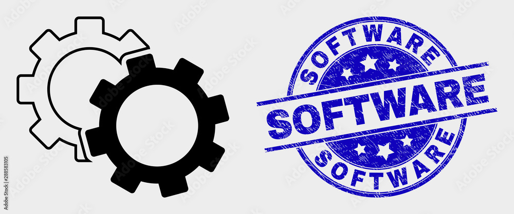 Vector cogs icon and Software seal stamp. Red round grunge seal stamp with Software text. Vector combination in flat style. Black isolated cogs icon. Vector cogs icon and Software seal stamp. Red round grunge seal stamp with Software text. Vector combination in flat style. Black isolated cogs icon.