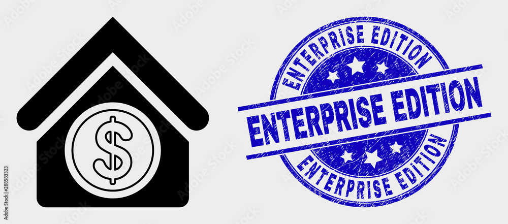 Vector commercial building icon and Enterprise Edition seal stamp. Red rounded textured seal stamp with Enterprise Edition text. Vector composition in flat style. Vector commercial building icon and Enterprise Edition seal stamp. Red rounded textured seal stamp with Enterprise Edition text. Vector composition in flat style.