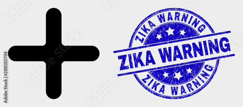 Vector cross pictogram and Zika Warning watermark. Red round textured watermark with Zika Warning text. Vector composition in flat style. Black isolated cross pictogram.