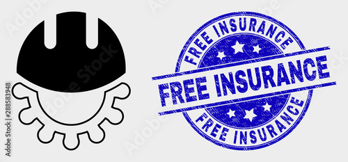 Vector development helmet icon and Free Insurance watermark. Red rounded scratched watermark with Free Insurance text. Vector combination in flat style. Black isolated development helmet icon.
