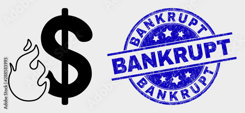 Vector dollar fire pictogram and Bankrupt seal stamp. Red rounded textured stamp with Bankrupt caption. Vector combination in flat style. Black isolated dollar fire pictogram.