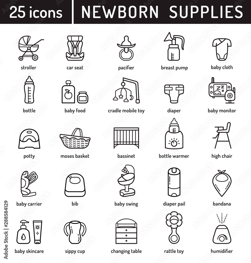 Newborn stuff, Baby shower, Babies equipment, Kids shop, Children goods. Motherhood and childhood linear vector icons.