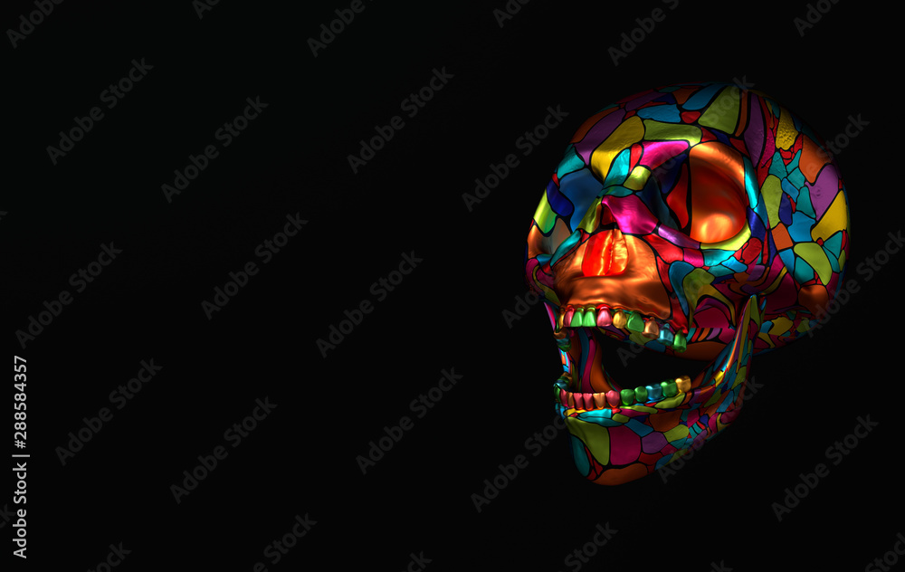Human scull 3d rendering. Colorful laughing death's-head  on black background