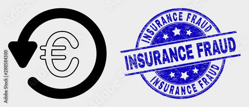 Vector euro chargeback icon and Insurance Fraud seal. Red rounded distress seal stamp with Insurance Fraud text. Vector composition in flat style. Black isolated euro chargeback icon.
