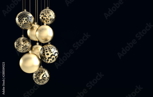 Merry Christmas and Happy New Year 3d render illustration card with ornate golden, black xmas balls. Winter decoration, minimal design