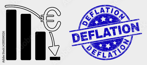 Vector euro crisis chart pictogram and Deflation seal. Red rounded scratched seal with Deflation text. Vector combination in flat style. Black isolated euro crisis chart pictogram.