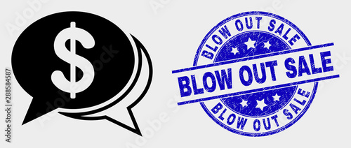 Vector financial chat messages icon and Blow out Sale watermark. Red round scratched watermark with Blow out Sale caption. Vector composition in flat style.