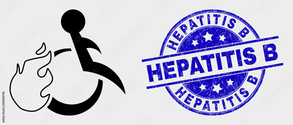 Vector fired disabled person icon and Hepatitis B seal. Red round grunge seal with Hepatitis B caption. Vector combination in flat style. Black isolated fired disabled person icon. Vector fired disabled person icon and Hepatitis B seal. Red round grunge seal with Hepatitis B caption. Vector combination in flat style. Black isolated fired disabled person icon.