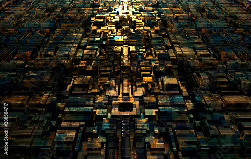 Abstract technological futuristic background  chip square. Depth of field effect. 3d rendering