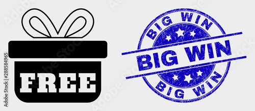 Vector free gift icon and Big Win seal stamp. Red round scratched stamp with Big Win text. Vector combination in flat style. Black isolated free gift icon.