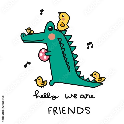 Hello we are friends, crocodile with little birds cartoon vector illustration doodle style