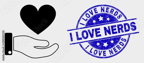 Vector heart donation hand pictogram and I Love Nerds seal stamp. Red rounded grunge seal stamp with I Love Nerds caption. Vector composition in flat style. Black isolated heart donation hand icon.