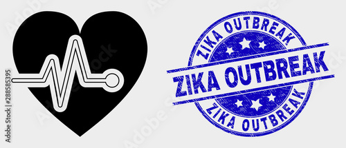 Vector heart pulse pictogram and Zika Outbreak seal. Red round scratched seal with Zika Outbreak text. Vector composition in flat style. Black isolated heart pulse pictogram.