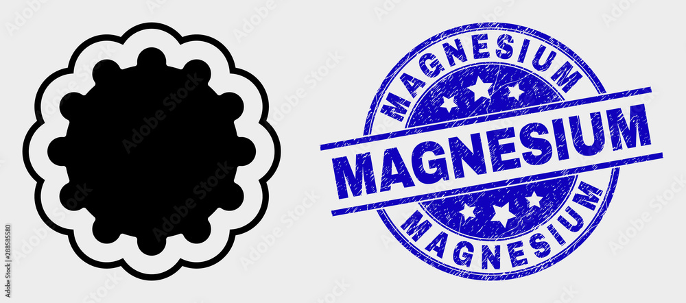 Vector inner gear icon and Magnesium seal stamp. Red rounded scratched seal stamp with Magnesium caption. Vector composition in flat style. Black isolated inner gear icon.