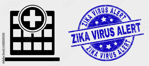 Vector hospital building icon and Zika Virus Alert stamp. Red round grunge stamp with Zika Virus Alert caption. Vector combination in flat style. Black isolated hospital building symbol.