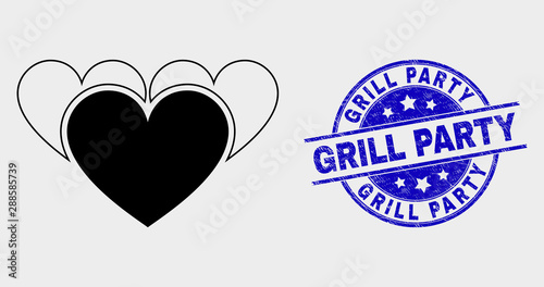 Vector love hearts icon and Grill Party seal stamp. Red round scratched seal stamp with Grill Party text. Vector combination in flat style. Black isolated love hearts icon.