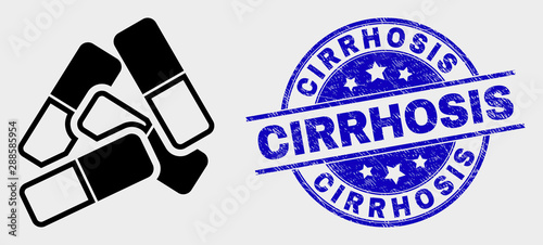 Vector medical pills pictogram and Cirrhosis stamp. Red rounded grunge seal stamp with Cirrhosis text. Vector combination in flat style. Black isolated medical pills pictogram.