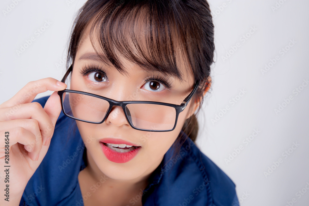 beautiful portrait young business asian woman standing wearing glasses surprise and excited success isolated on white background, businesswoman career secretary or accountant work expression shock.