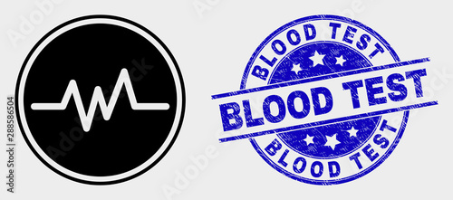 Vector pulse signal icon and Blood Test watermark. Red rounded distress watermark with Blood Test caption. Vector composition in flat style. Black isolated pulse signal icon.