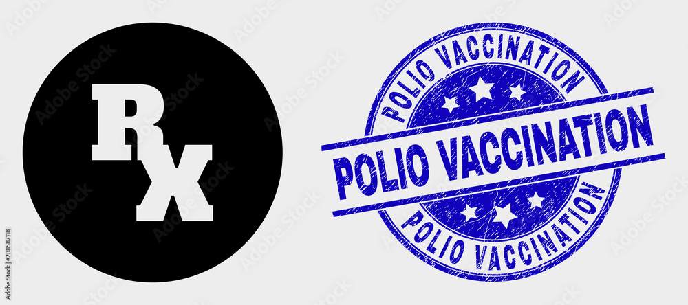 Vector RX receipt symbol icon and Polio Vaccination seal stamp. Red rounded  distress seal stamp with Polio Vaccination text. Vector combination in flat  style. Black isolated RX receipt symbol icon. Stock Vector