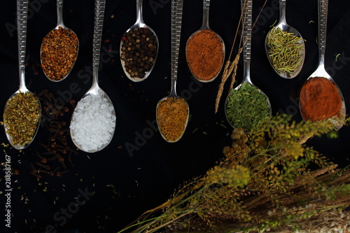 different kind of spices on spoons on black background