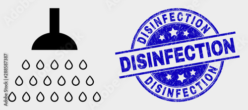 Vector shower pictogram and Disinfection seal stamp. Red round scratched stamp with Disinfection caption. Vector composition in flat style. Black isolated shower pictogram.