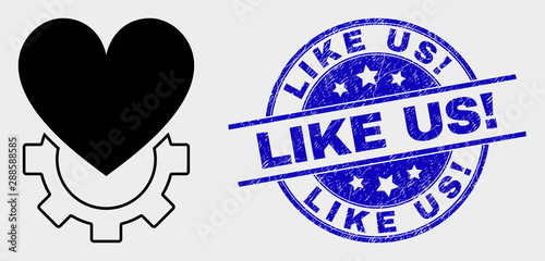 Vector love gear icon and Like Us! seal stamp. Red rounded textured seal stamp with Like Us! text. Vector combination in flat style. Black isolated love gear icon.