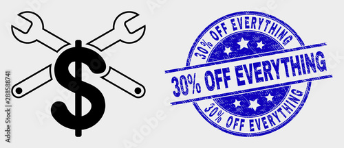 Vector repair price pictogram and 30% Off Everything seal stamp. Red rounded distress seal stamp with 30% Off Everything text. Vector combination in flat style. Black isolated repair price pictogram.