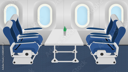 Seat passenger in airplane. Vacation time and travel concept. Vector illustration in flat style.