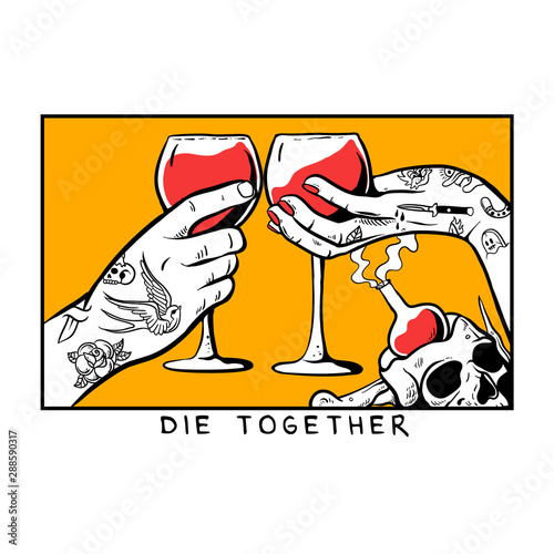 hand with tattoo holding a glass of red wine / wine glass / two glasses of wine vector illustration / inked hand die together for t-shirt design