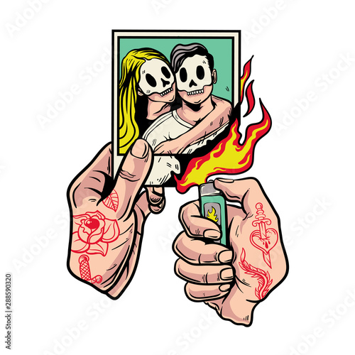 Hands with tattoo burning polaroid photos vector illustration. Inked hands holding gas lighters. Memories are gone illustration for t-shirt design, sticker, or poster