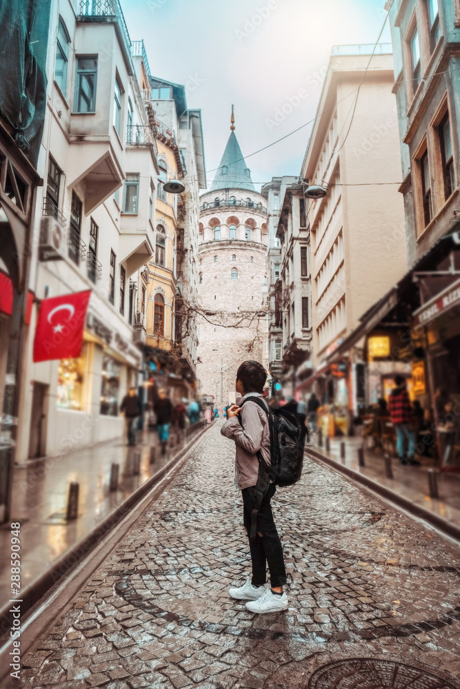 Man Traveling at Istanbul Galata Tower, Turkey